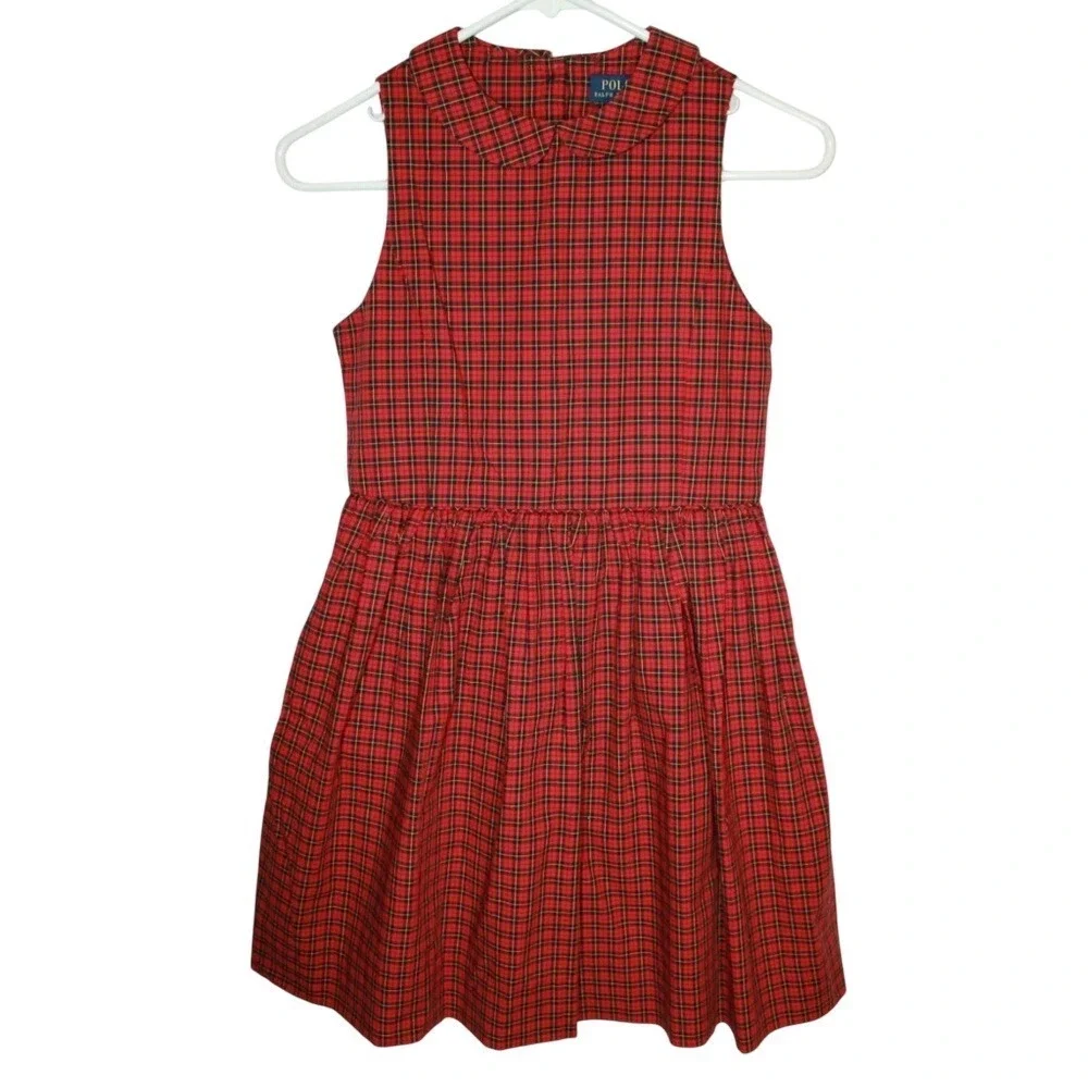 Polo Ralph Lauren Plaid Dress Kids 14 Red NEW Holiday Tartan Peter Pan Collar